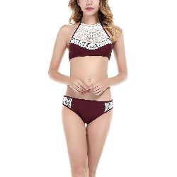 IVDIH Damen Bikini Teenager Mädchen Push Up Sexy Gepolstert Badeanzug Weinrot Schwarz Neckholder Top mit Schnürung Bikini Set-IBK06
