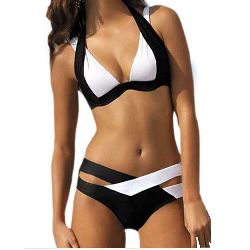 IVDIH Damen Bikini Teenager Mädchen Push Up Sexy Gepolstert Oberteil Schwarz Weiß Bademode BH Neckholder Top Kreuz Criss Bikini Set Sommer Zweiteiler-IBK07
