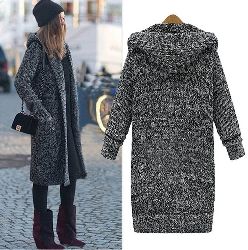IVDIH Damen Dicke Strickjacke Mit Kapuze Strickmantel Lang Cardigan Schwarz Langarm Warm Mantel-ICA18