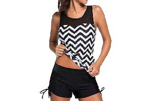 ITDIW Damen Mesh Tankini Bauchweg Gepolstert Bikini mit Hotpants Vintage Bademode Sportliche Bikini-Set mit Schwarze Weiße Streifen-IWBK09