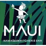 MAUI - Hawasian & Vietnamese Restaurant | München Nymphenburg - Modernes Logo von MAUI – Hawaiian Kitchen & Bar mit tanzender Figur und Fackel vor stilisiertem tropischen Hintergrund in Grün- und Blautönen.